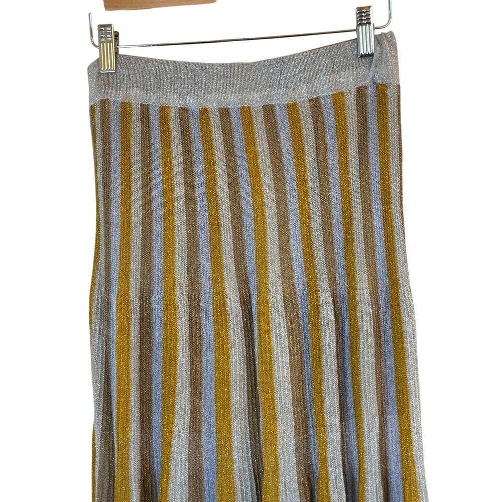 New HAPPY SHEEP Multi-Color Metallic Gold Silver Striped Pleated Maxi Skirt Sz S - Picture 3 of 11